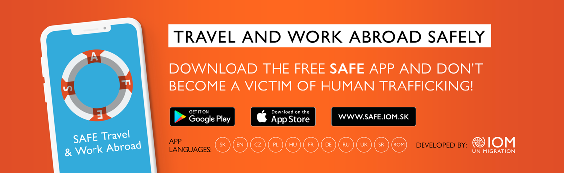 IOM - Banner mobile application SAFE Travel & Work Abroad available in 11 languages