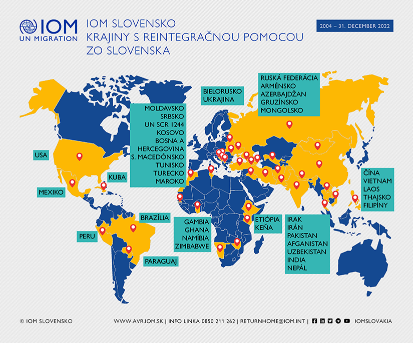 Mapa - Krajiny s reintegračnou pomocou od IOM Slovensko za 2007 - december 2022