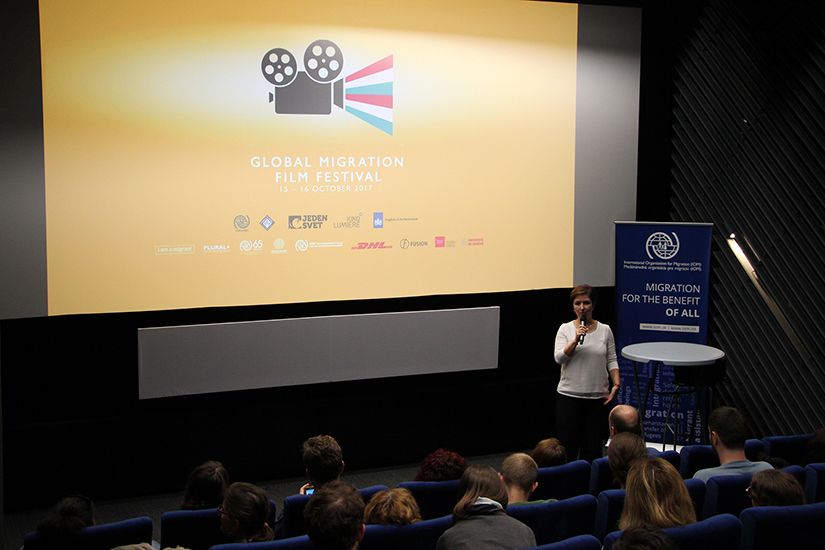 Welcoming the audience at the Global Migration Film Festival 2017 at Kino Lumière in Bratislava.