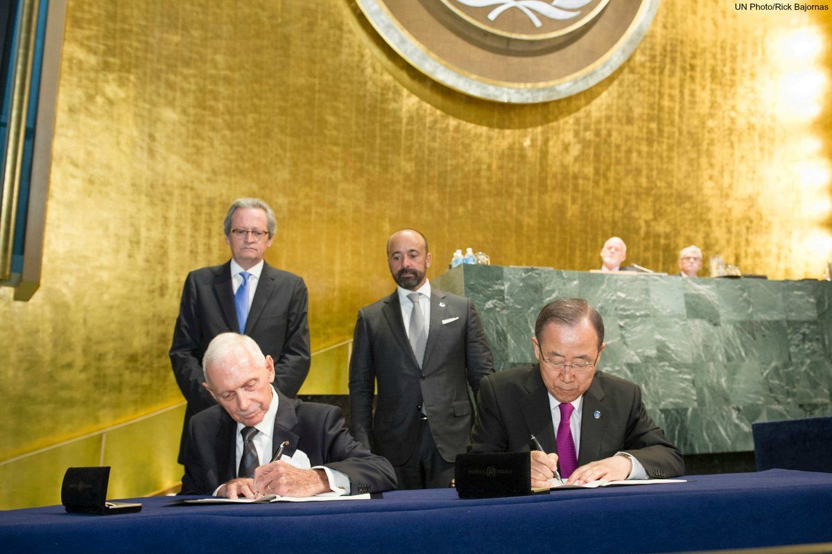 Podpis zmluvy medzi OSN a Medzinárodnou organizáciou pre migráciu (IOM), 19. september 2016 v UN HQ v New Yorku